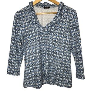 J. McLaughlin Durham Ruffle Top Large White Blue 3/4 Sleeve Catalina Cloth